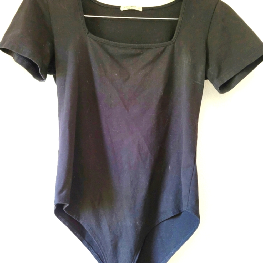 Mangopop Bodysuit XL Black Square Neck Stretchy Thick Fabric Tanga Cut